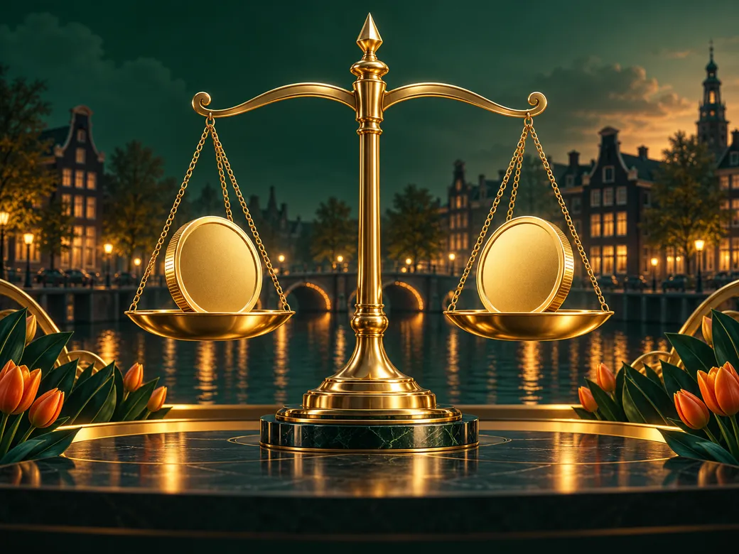 Abstract golden balance scale holding two gleaming coins on deep emerald green background with soft cinematic lighting