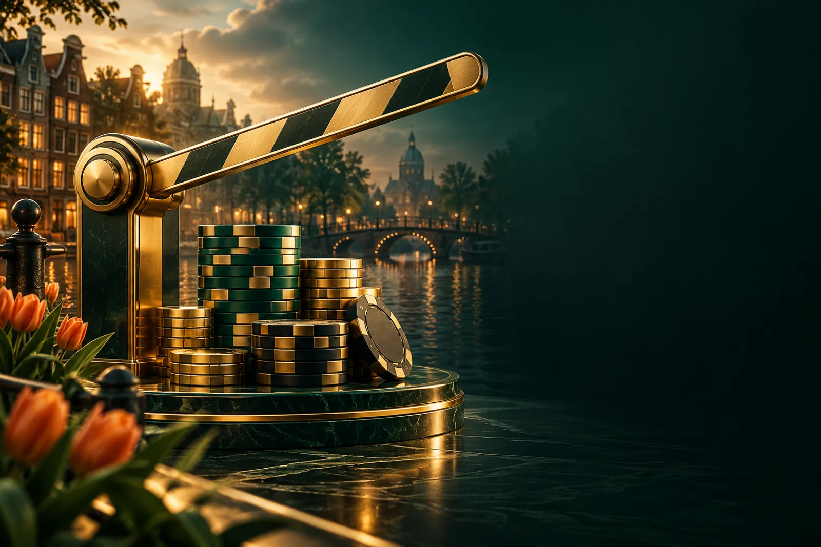 Abstract golden boom gate shape rising above a stack of casino chips on a deep emerald green background, symbolising a bettin