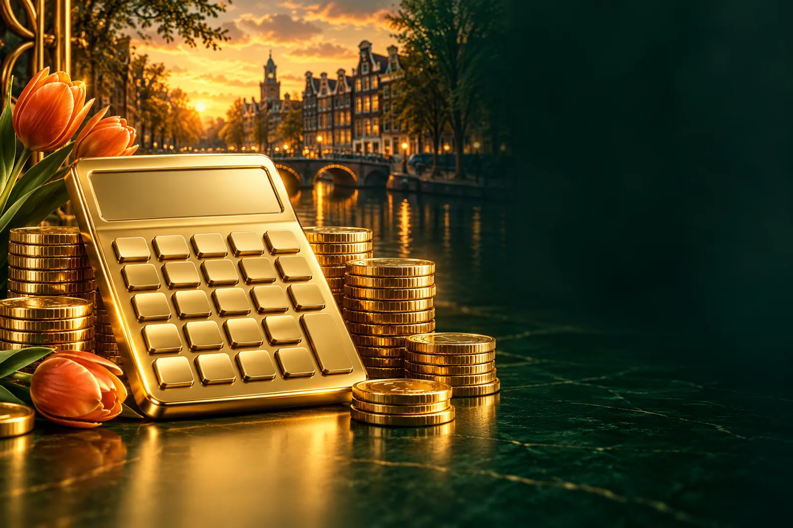 Premium golden calculator beside stacked gold coins on deep emerald green surface, luxurious editorial casino bonus illustrat