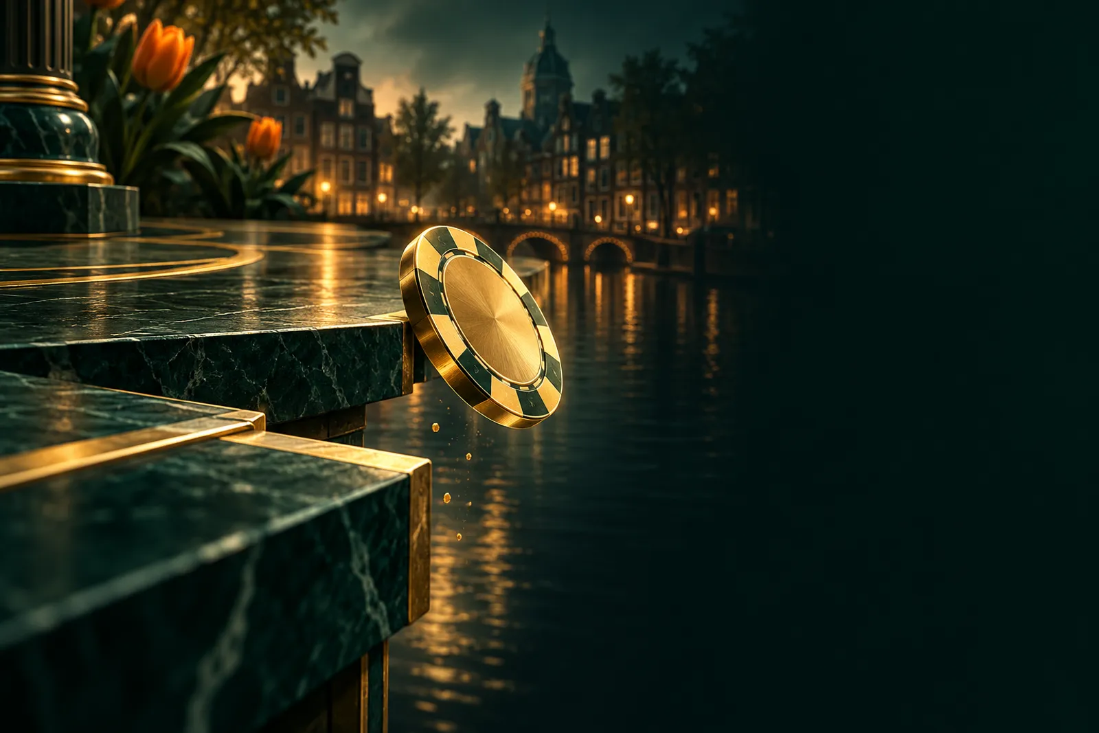 A golden casino chip tipping off a dark emerald edge, abstract concept of a costly mistake, cinematic lighting with rich gold