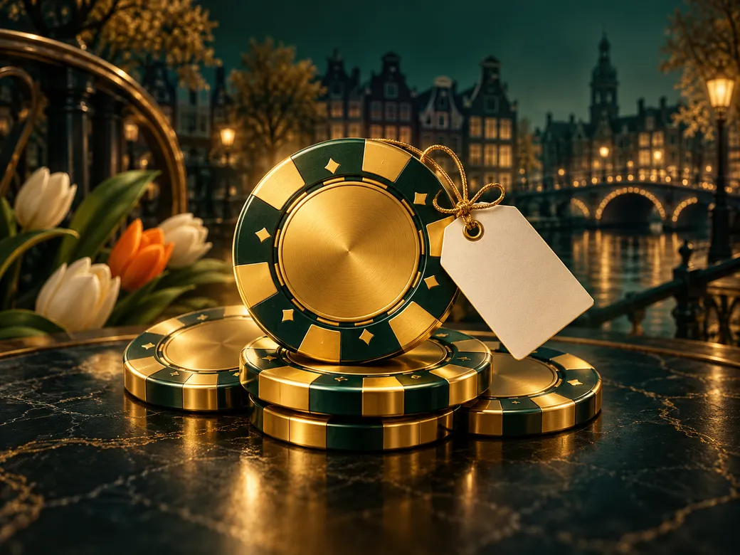 A handful of gleaming gold casino chips with a small decorative gift tag, set against a deep emerald and charcoal background 