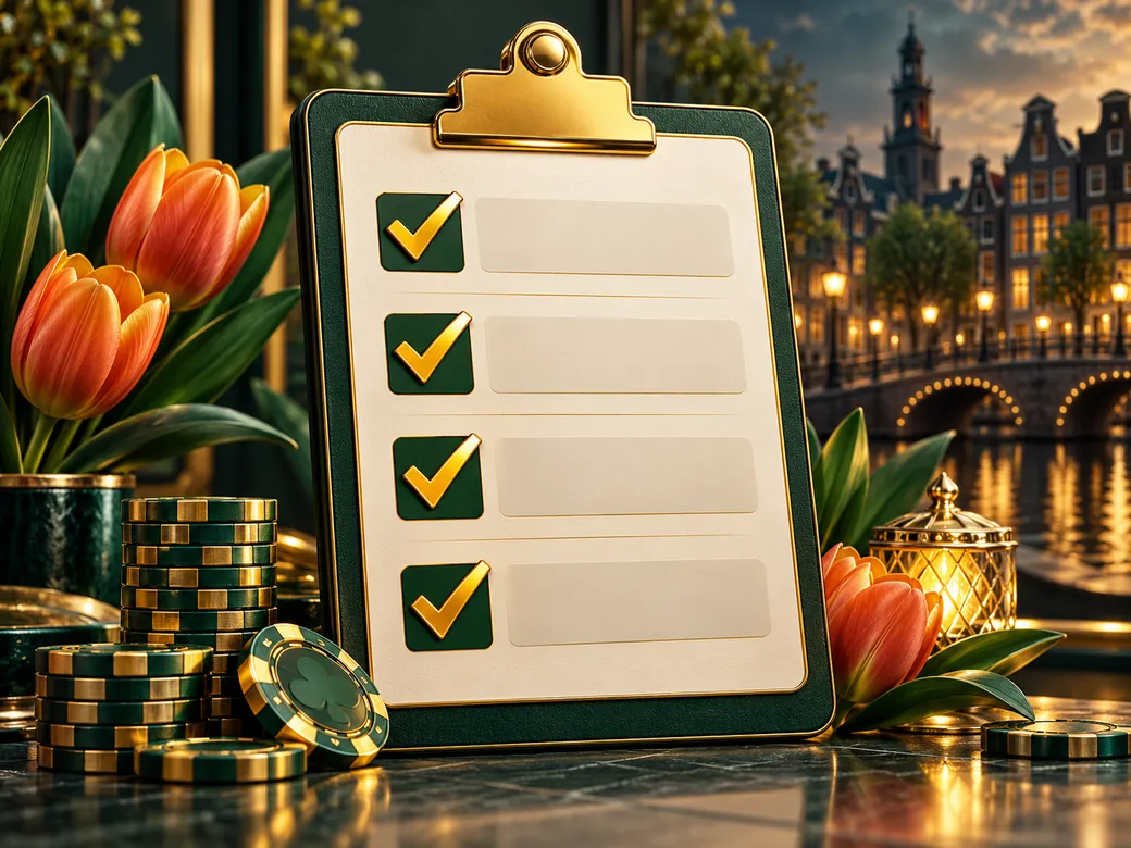 Luxurious checklist with gold checkmarks on deep emerald green background with subtle Dutch canal-house and tulip accents