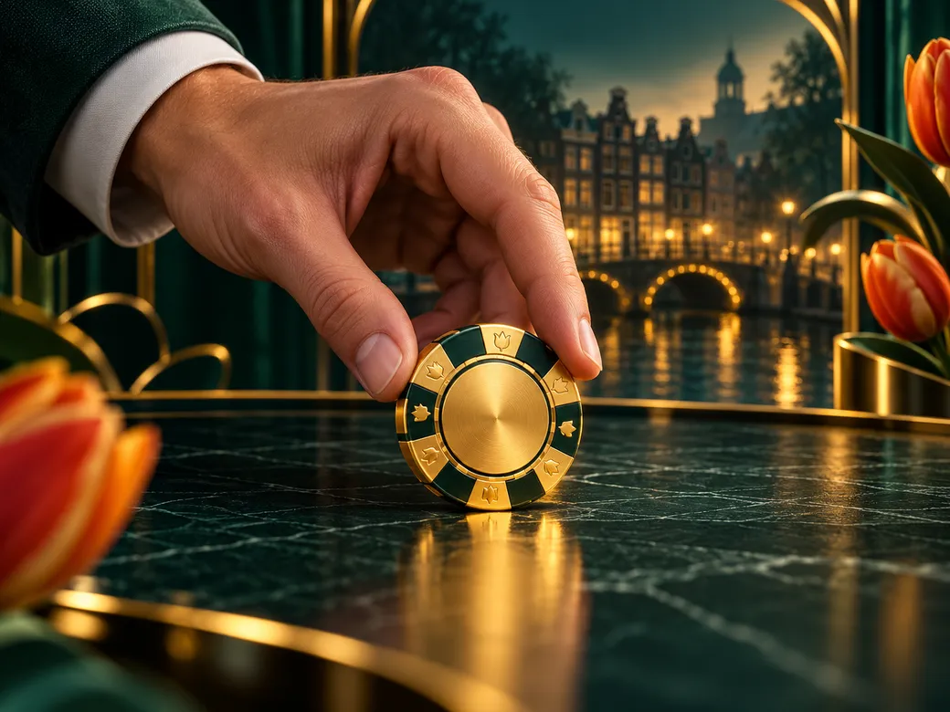 Close-up of a hand placing a gold casino chip on a dark emerald table with gold accents and Dutch design details
