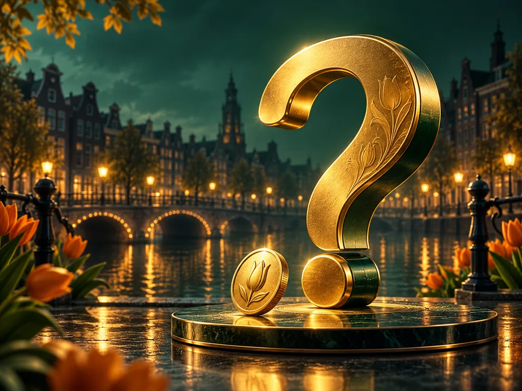 A small golden coin beside a large ornate question mark on a deep emerald background with gold highlights and subtle Dutch de