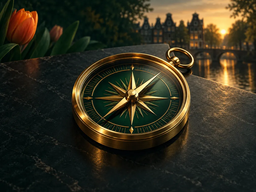 Minimalist golden compass resting on a dark emerald surface with cinematic soft lighting and luxury editorial styling