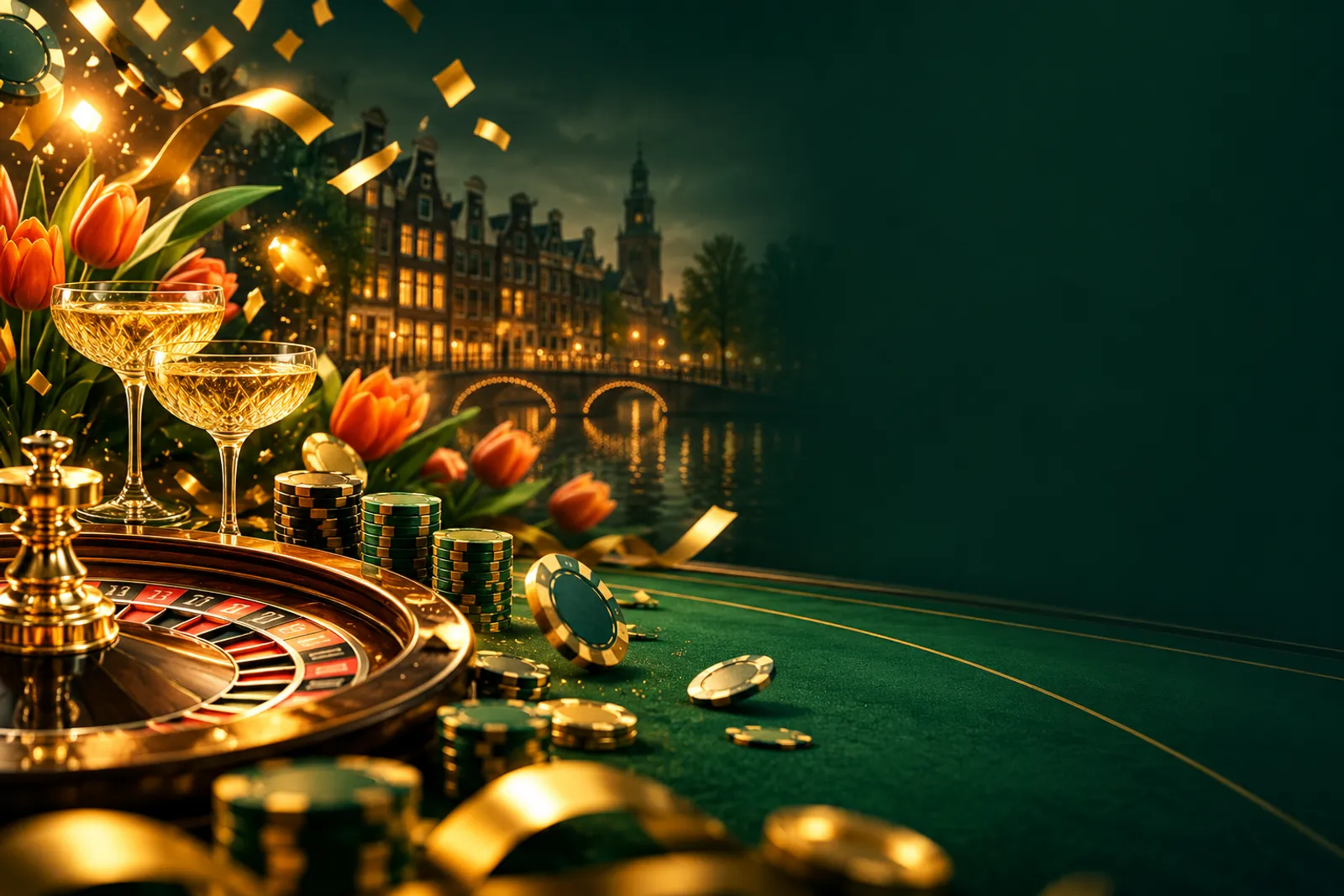 Festive golden confetti raining over a deep emerald green casino table with cinematic soft lighting and luxurious mood