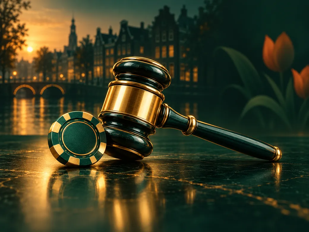 A luxurious semi-realistic illustration of a golden gavel and casino chip on a deep emerald green background with gold accent