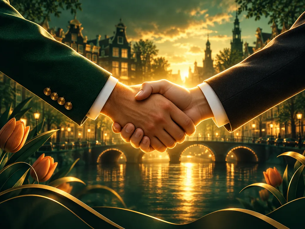 Luxurious golden handshake silhouette bathed in warm light against deep emerald and charcoal background with subtle Dutch acc