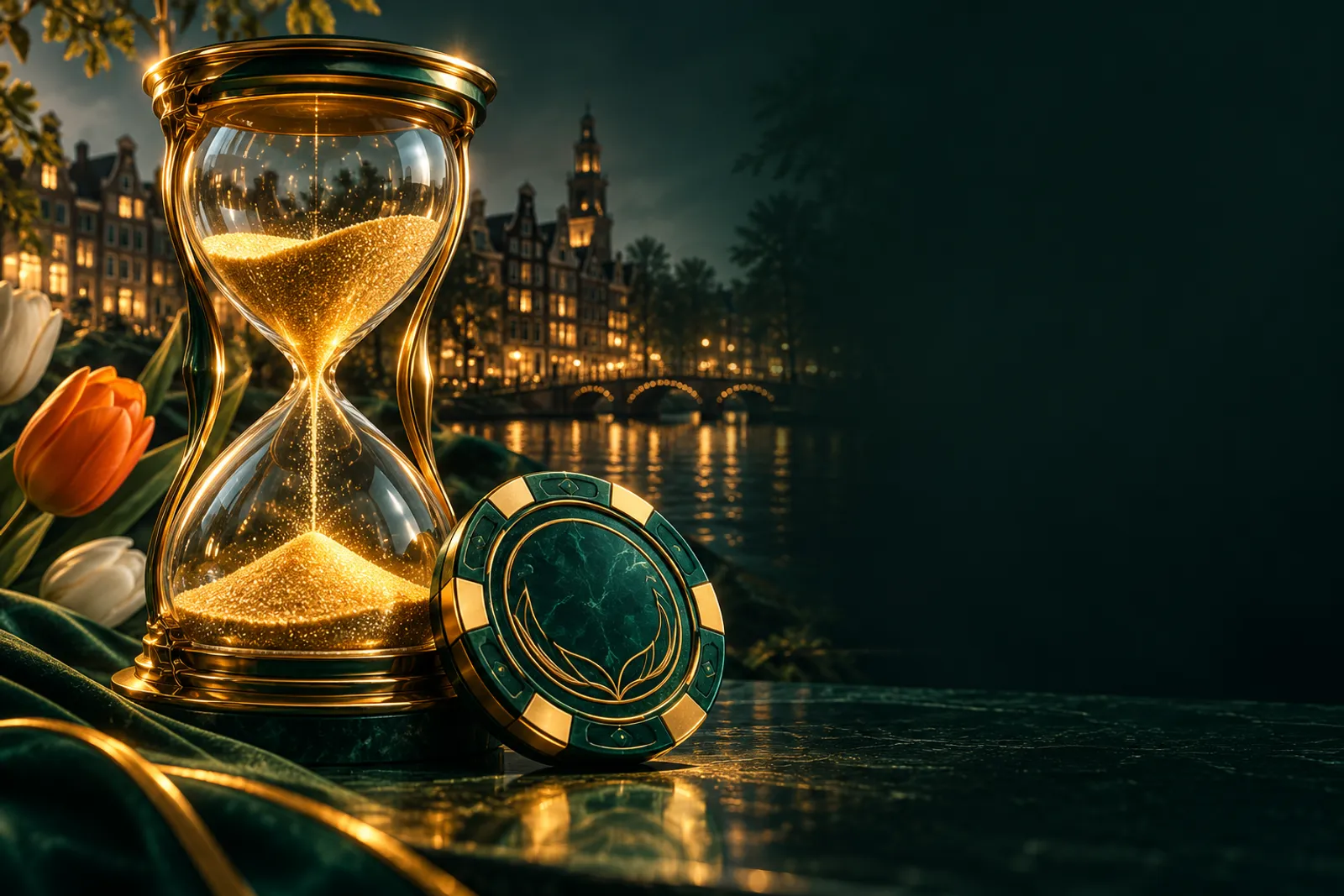 Premium hourglass with golden sand beside a dark green casino chip on a deep emerald background with gold highlights