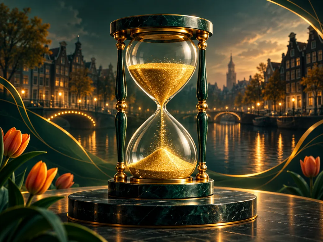 Elegant golden hourglass with flowing gold sand on a deep emerald green background with subtle Dutch canal-house silhouette a