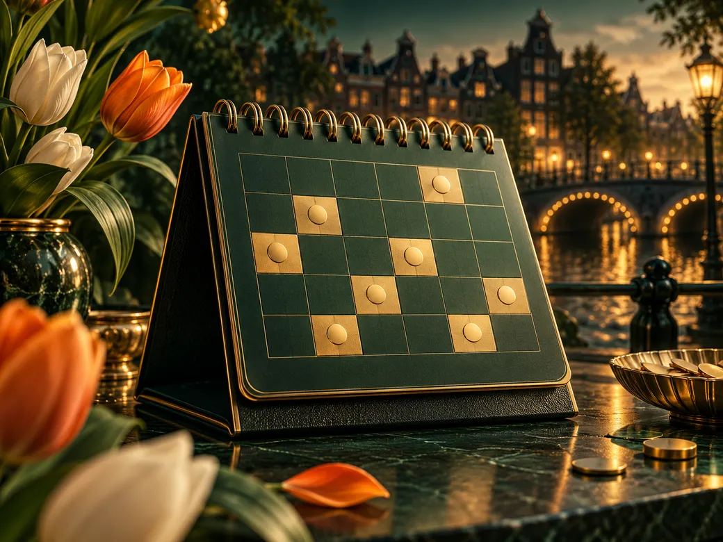 Abstract luxury calendar with gold highlights on deep emerald background, Dutch-themed editorial illustration for online casi
