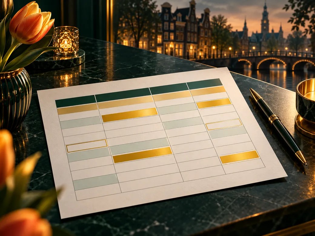 A luxurious paper sketch of a table layout with gold highlight markings on a deep emerald and charcoal background with soft c