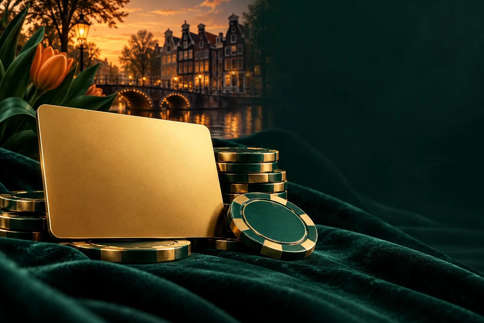 Golden membership card beside a stack of premium casino chips on deep emerald velvet with subtle Dutch canal-house silhouette