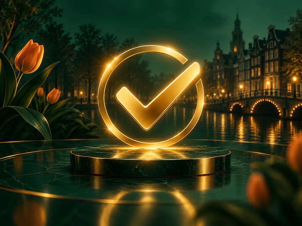 Minimalist golden checkmark glowing in soft light against deep emerald green background, symbolising a successful payment con