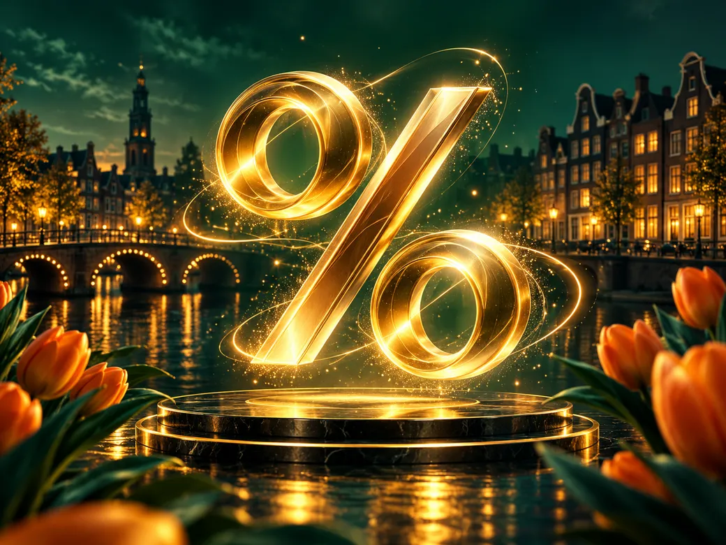 Abstract golden percentage sign glowing in cinematic light against deep emerald green background with subtle Dutch design acc