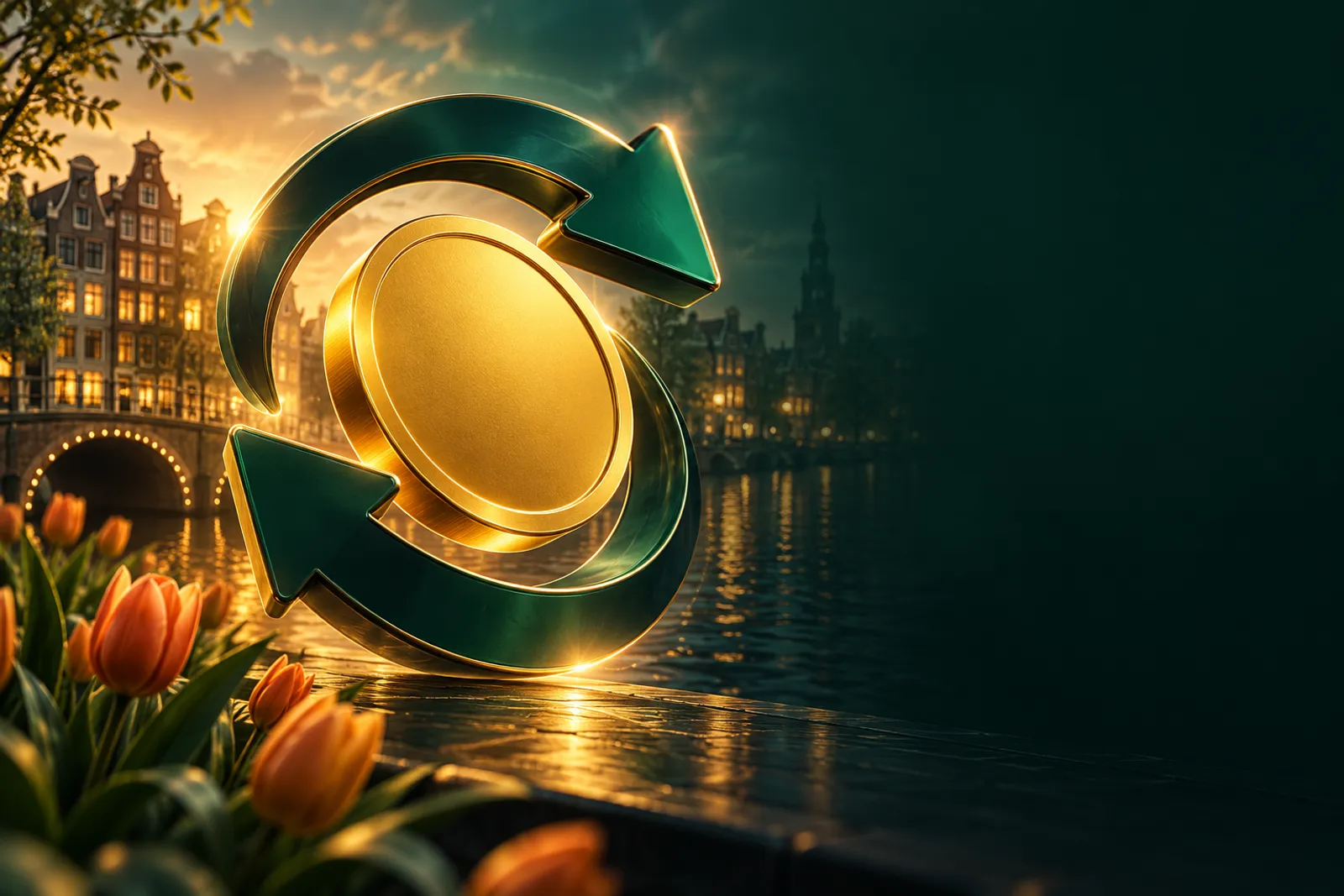 Golden reload arrow encircling a coin on a deep emerald green abstract background with rich gold highlights