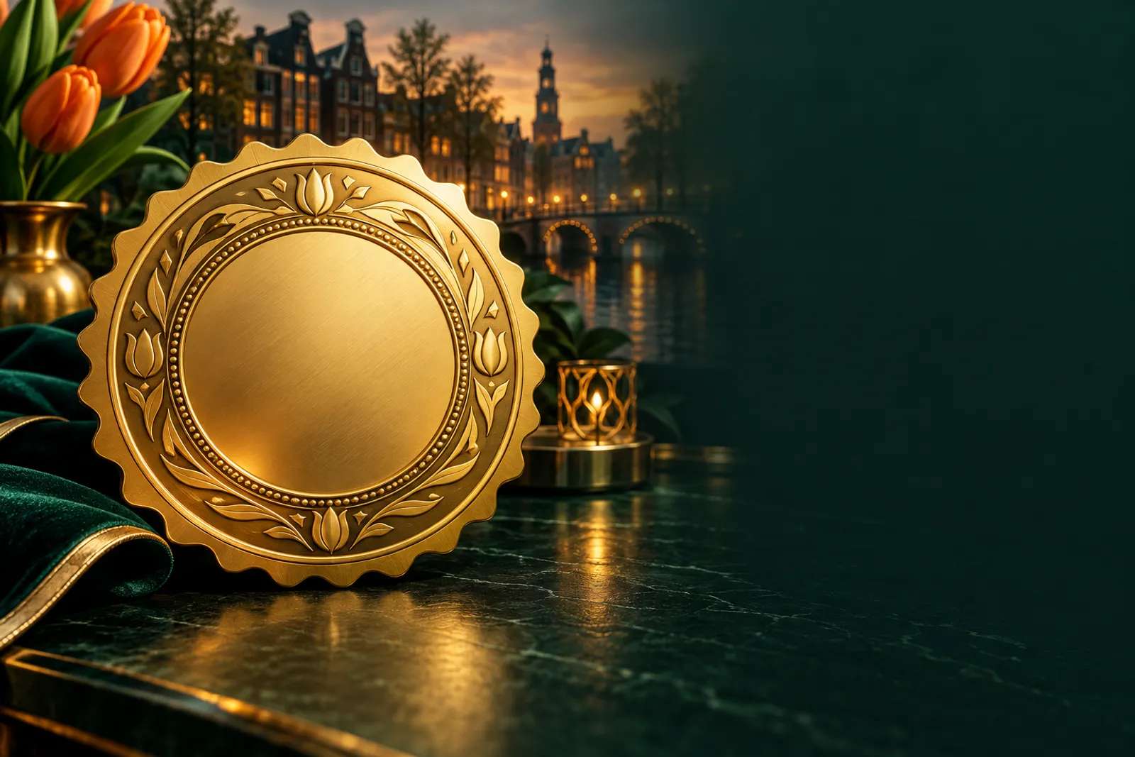 Premium golden wax seal on a deep emerald green desk with soft cinematic lighting and subtle Dutch canal-house silhouette acc