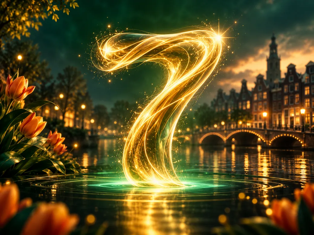 Glowing golden seven symbol bathed in cinematic soft light against deep emerald and charcoal backdrop with subtle Dutch tulip