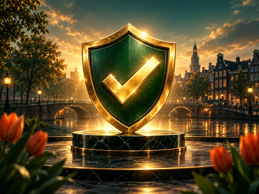 Abstract golden shield with checkmark glowing in warm light against deep emerald green background with subtle Dutch accents