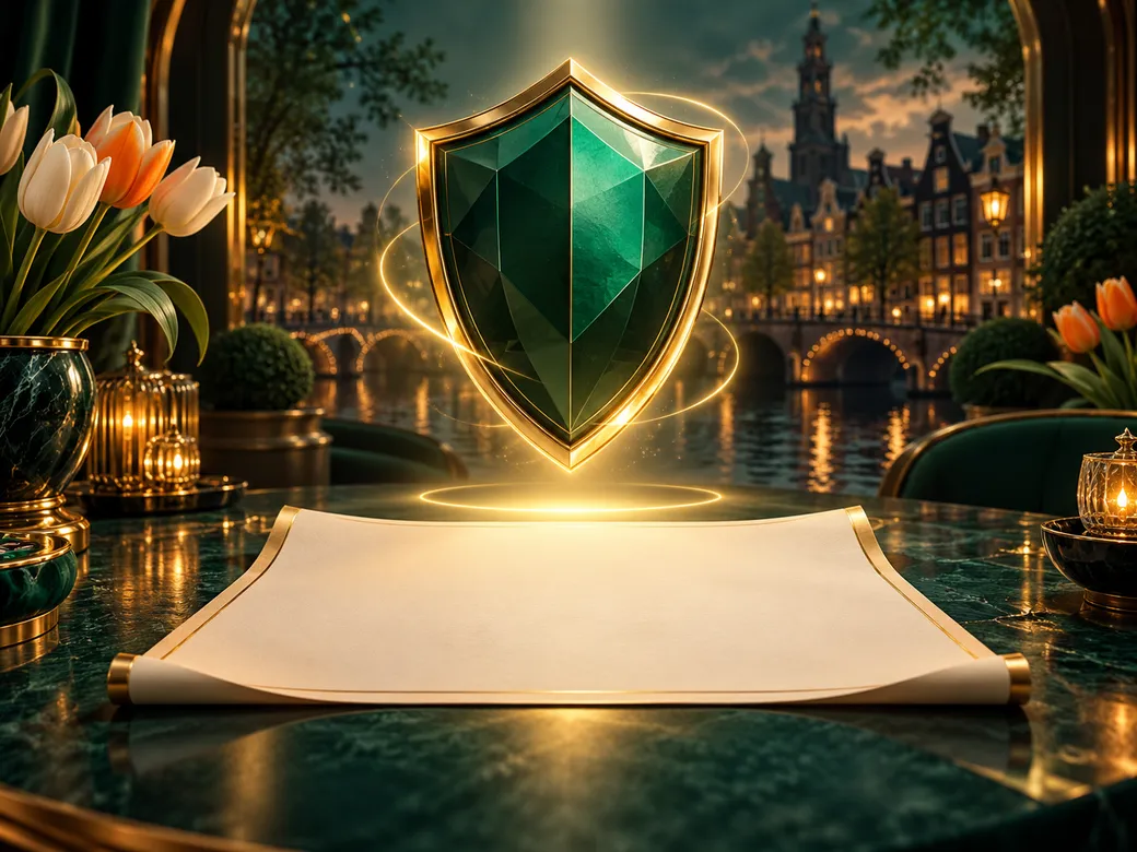 Luxurious golden shield floating above a glowing document, deep emerald and charcoal background with Dutch canal silhouette a