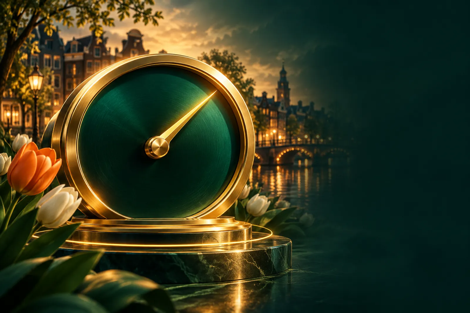 Abstract golden gauge with rotating needle on deep emerald green background, Dutch canal silhouette accent, luxurious editori
