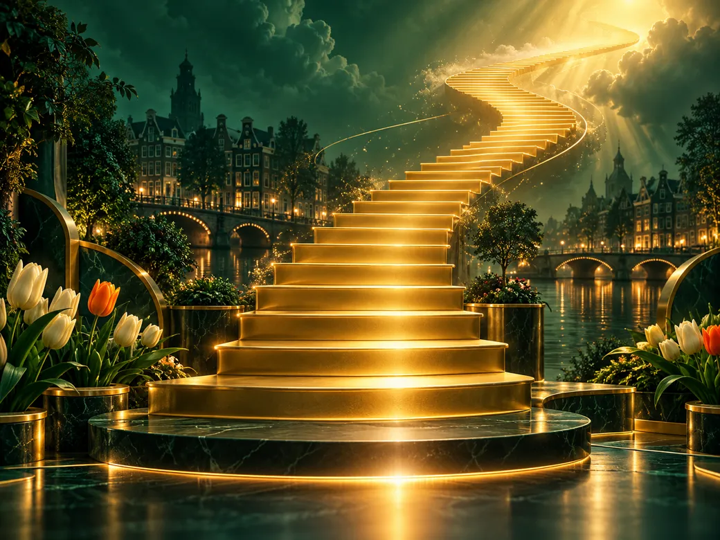 Abstract golden staircase with emerald green and charcoal background, luxurious cinematic lighting with Dutch canal-house sil