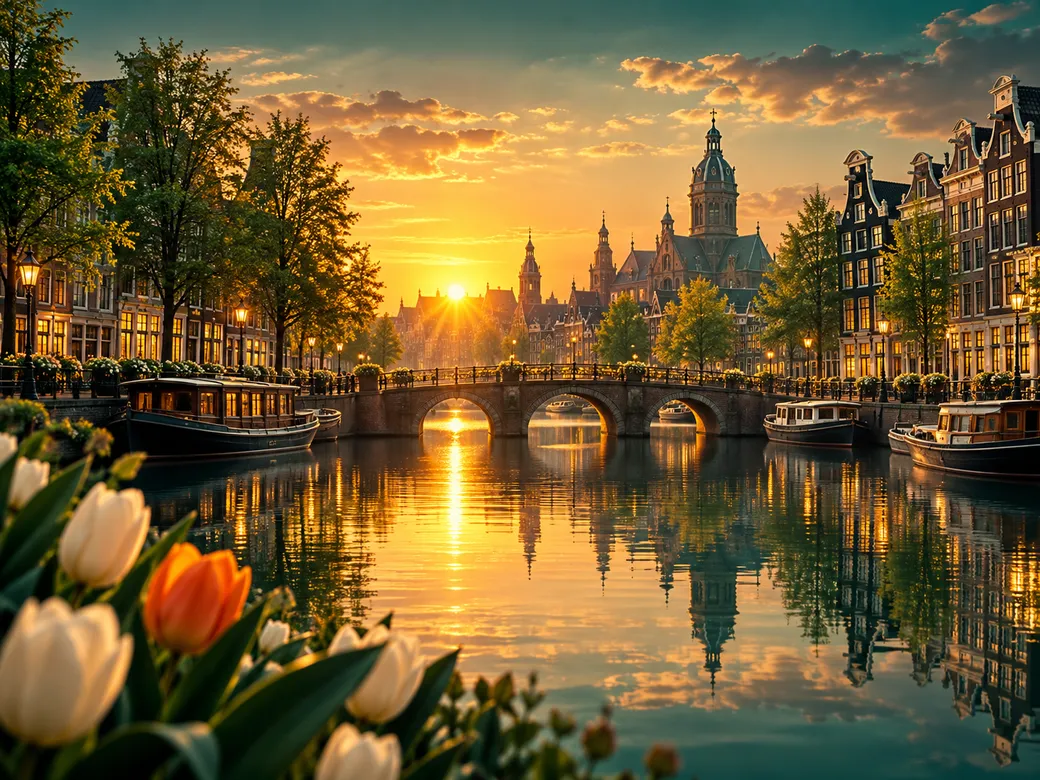 Luxurious digital painting of a warm golden sunrise over a tranquil Dutch canal-house skyline in deep emerald and rich gold t