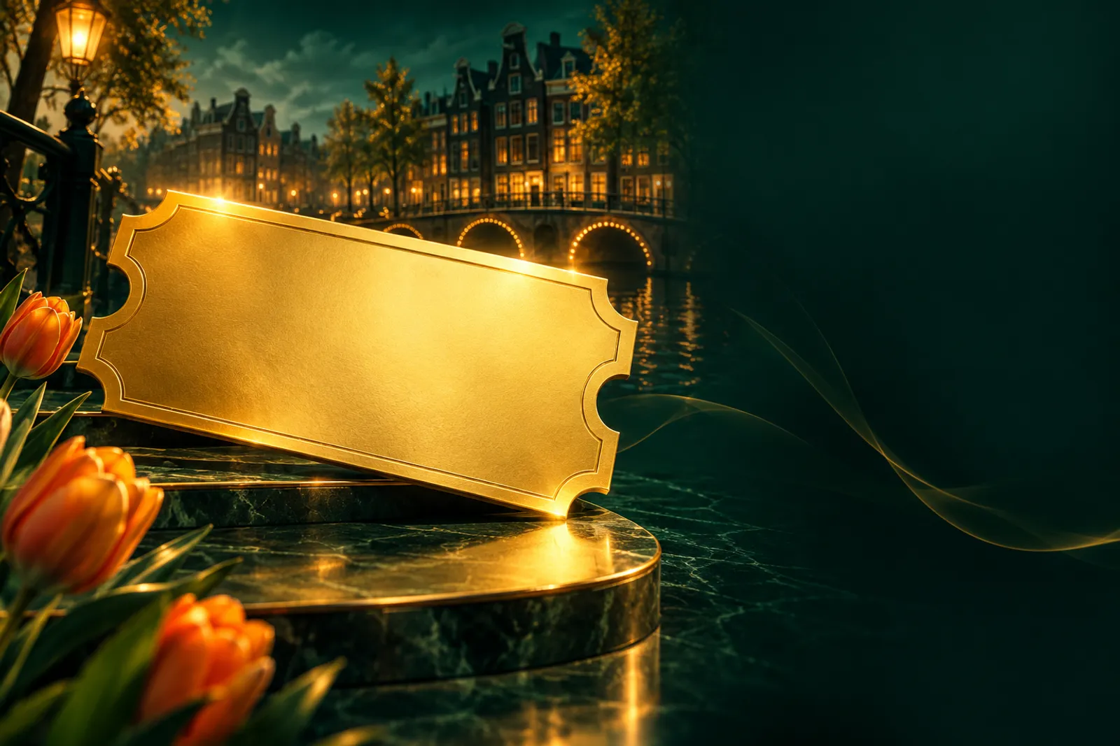 A luxurious golden ticket shape on deep emerald green background with cinematic soft light and subtle Dutch design accents