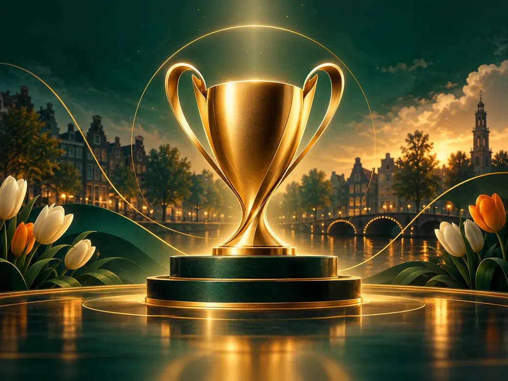 Luxurious golden trophy glowing with warm cinematic light against a deep emerald green background with subtle Dutch canal-hou