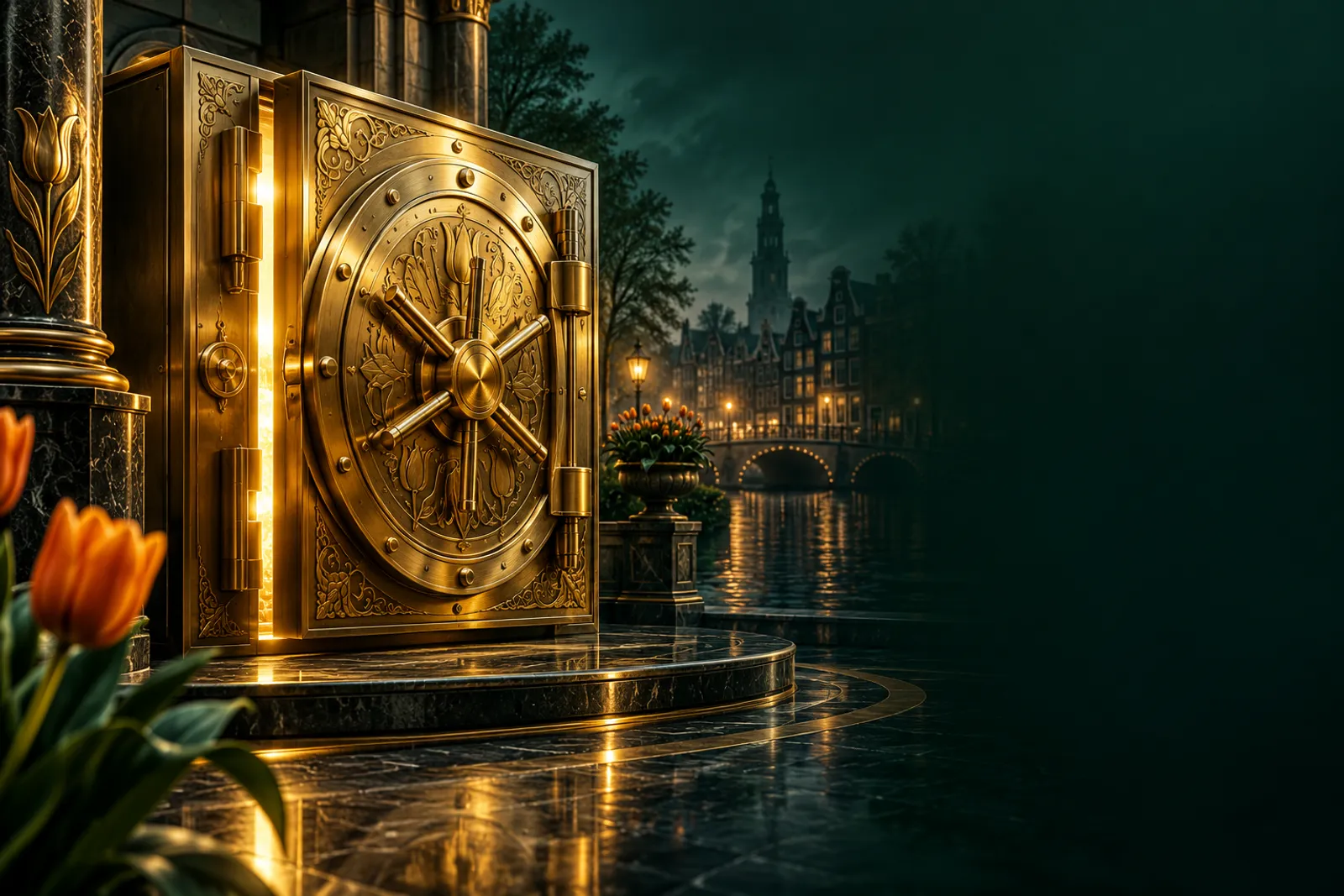 Closed golden vault with a sliver of warm light escaping, set against a deep emerald green background, evoking exclusivity an
