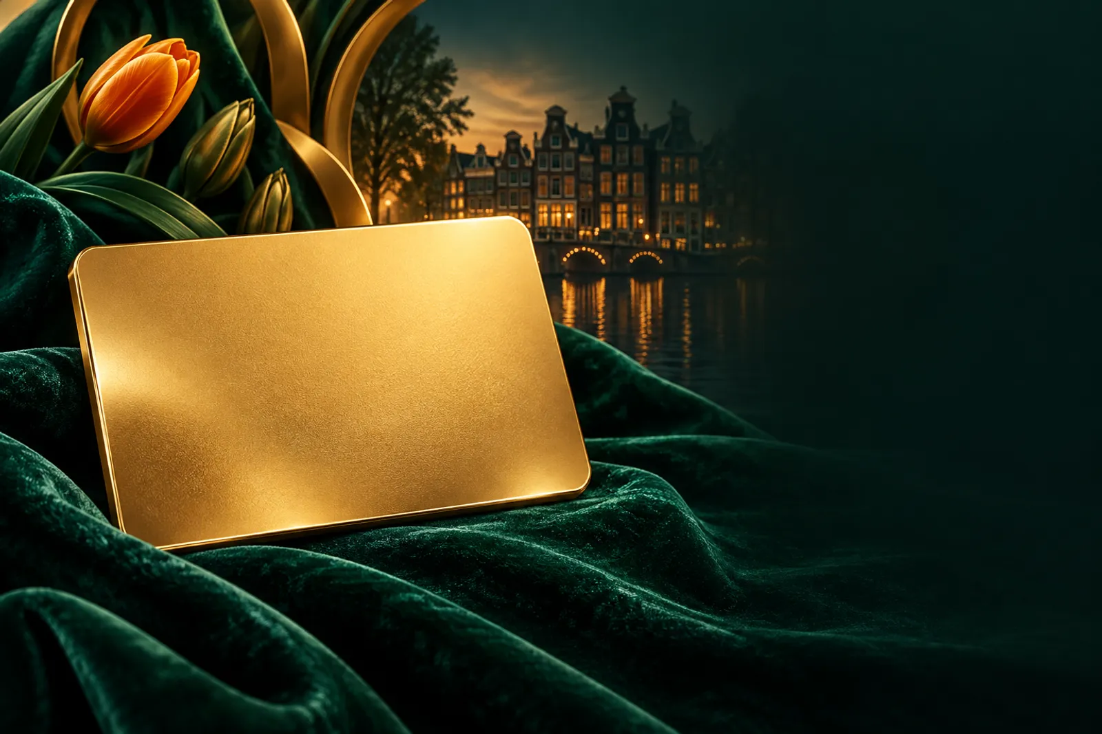A gleaming gold VIP card resting on deep emerald green velvet with soft cinematic lighting and subtle Dutch design accents