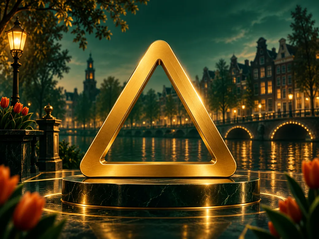 Minimal golden warning triangle icon on deep emerald green background with cinematic soft lighting and subtle Dutch design ac
