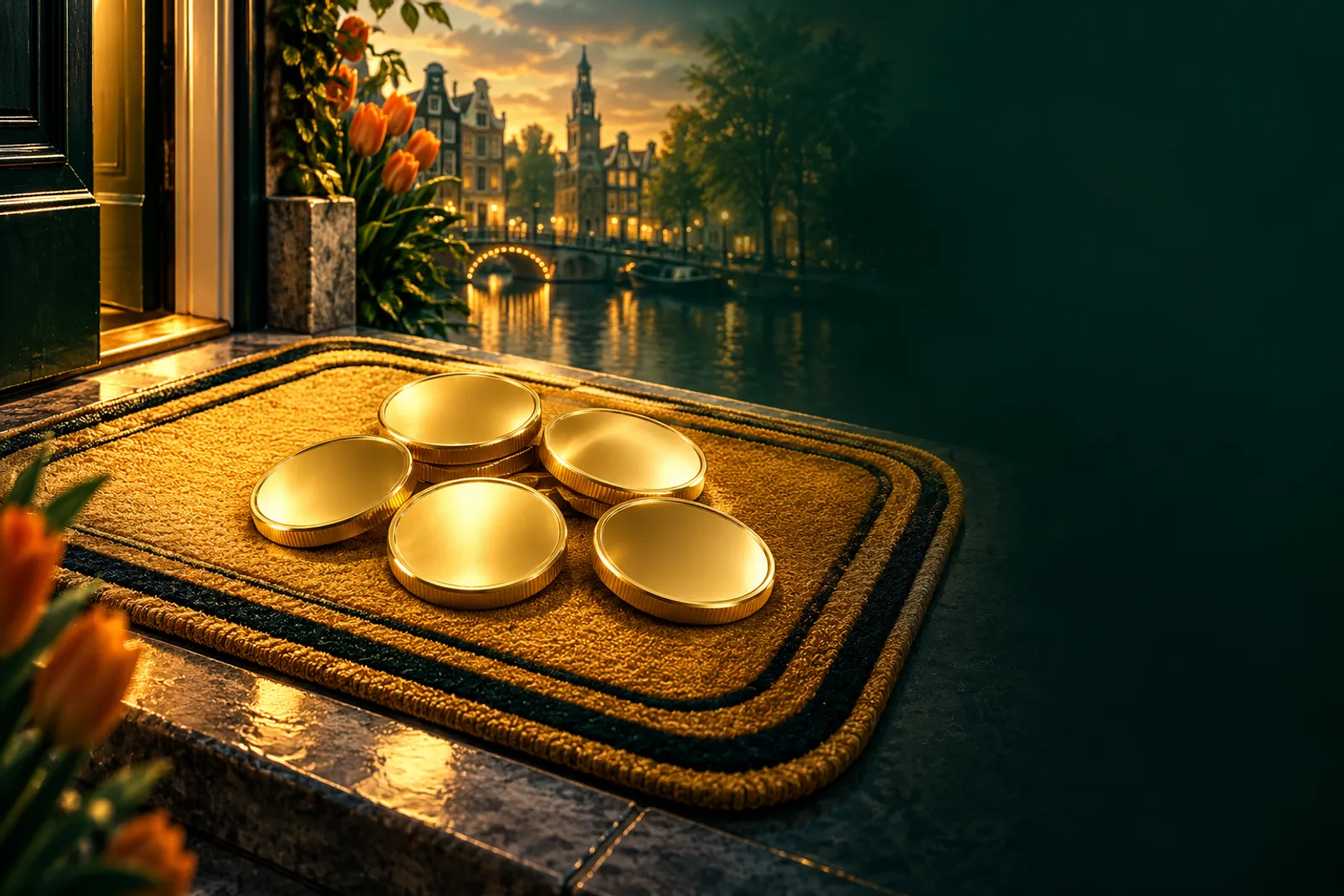 Golden welcome mat with five glowing coins on a deep emerald green background, premium Dutch casino bonus hero banner