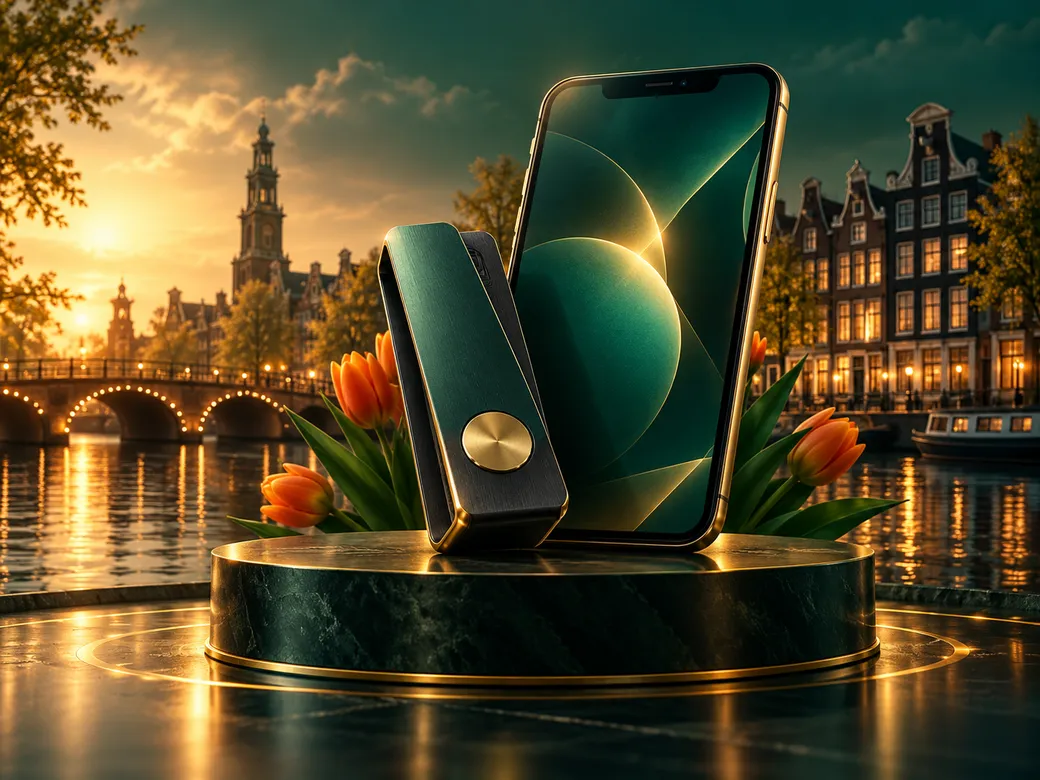 Abstract editorial illustration of a hardware wallet and smartphone with emerald green and gold accents on a dark background