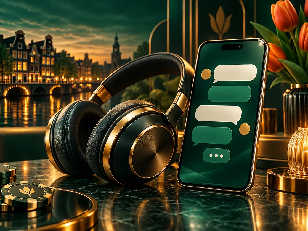 Luxurious editorial illustration of a headset and smartphone with chat window on deep emerald and gold background with subtle