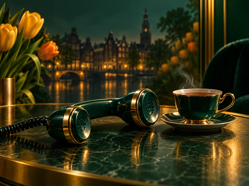 Minimalist illustration of a helpline telephone handset beside a warm cup of tea on a deep emerald and gold background with s