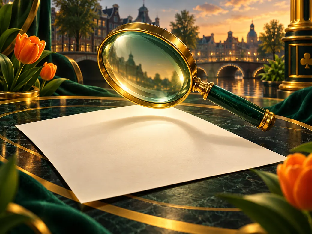 Golden magnifying glass hovering over an abstract document form on a deep emerald background with soft cinematic lighting