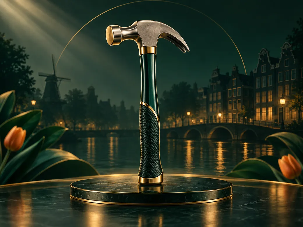 A single minimalist hammer with gold accents on a deep emerald green background with subtle Dutch canal-house silhouette.