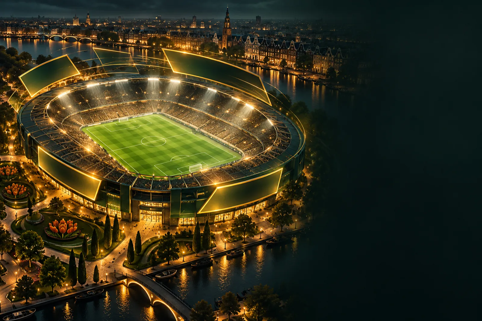 Aerial night view of a football stadium with glowing golden abstract odds panels, deep emerald green and gold palette, cinema