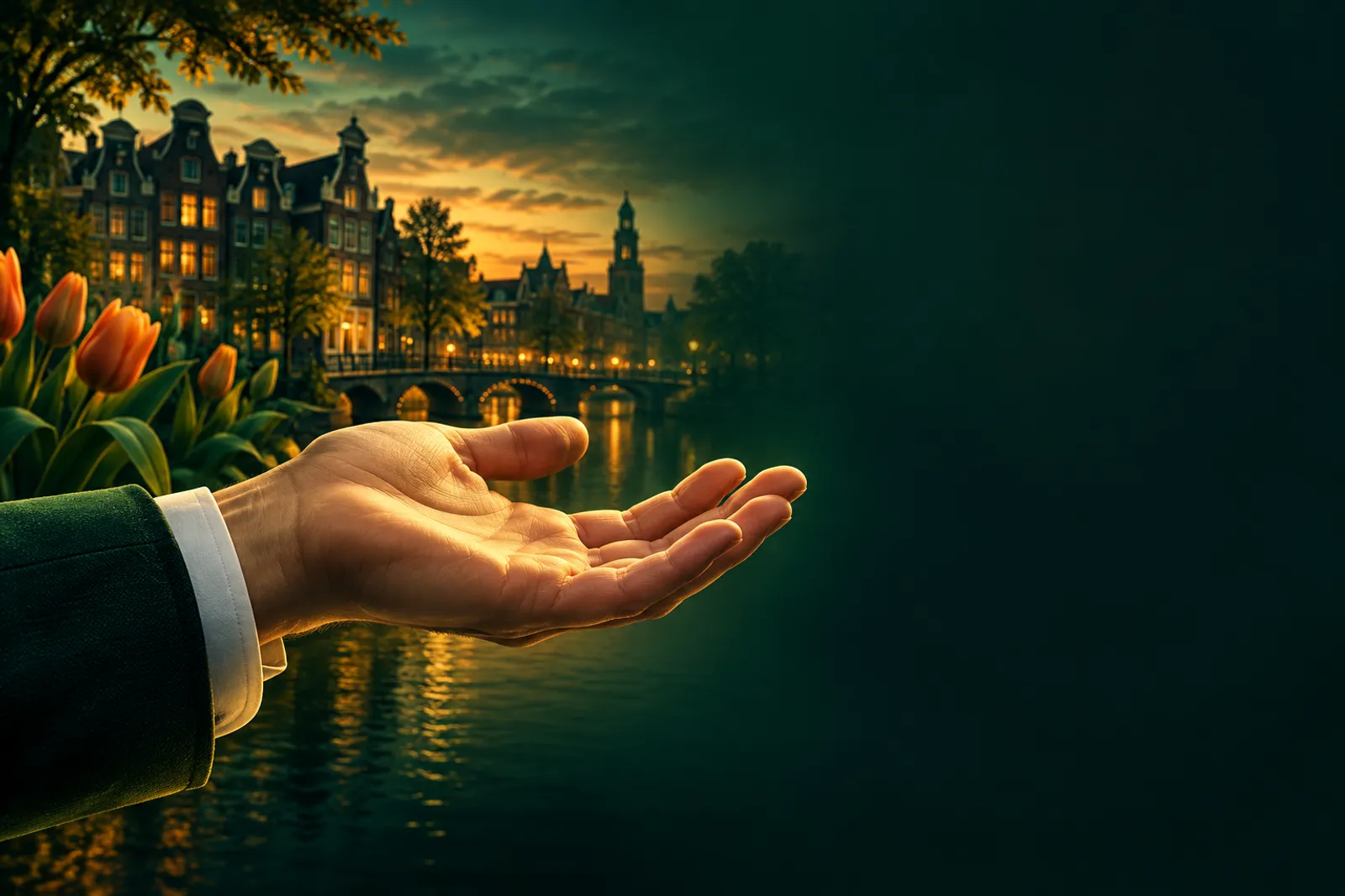 An open empty hand bathed in soft emerald and gold light against a deep green background, evoking a premium Dutch casino bonu