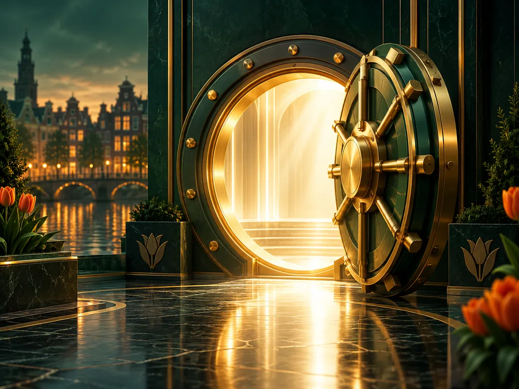 Luxurious open vault door radiating golden light against deep emerald green background with subtle Dutch canal-house silhouet