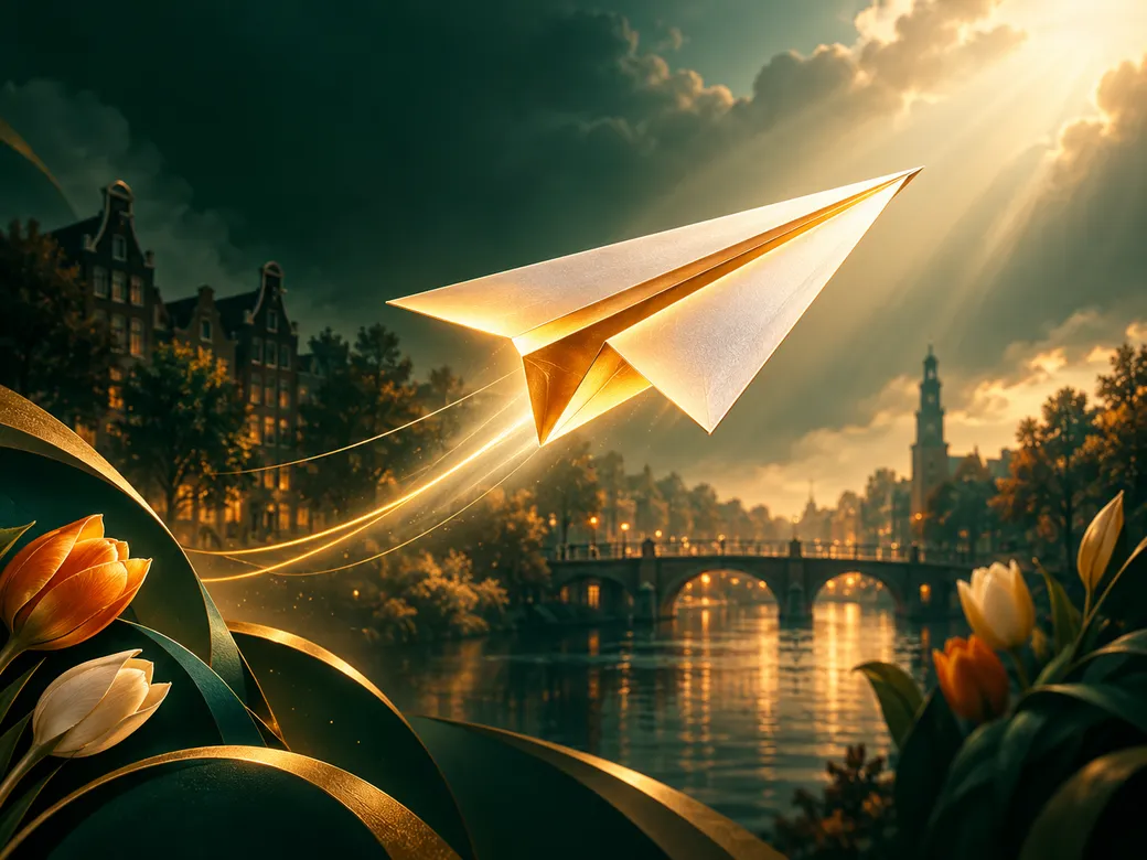 Abstract glowing paper airplane soaring in soft golden light against deep emerald green background with subtle Dutch accents