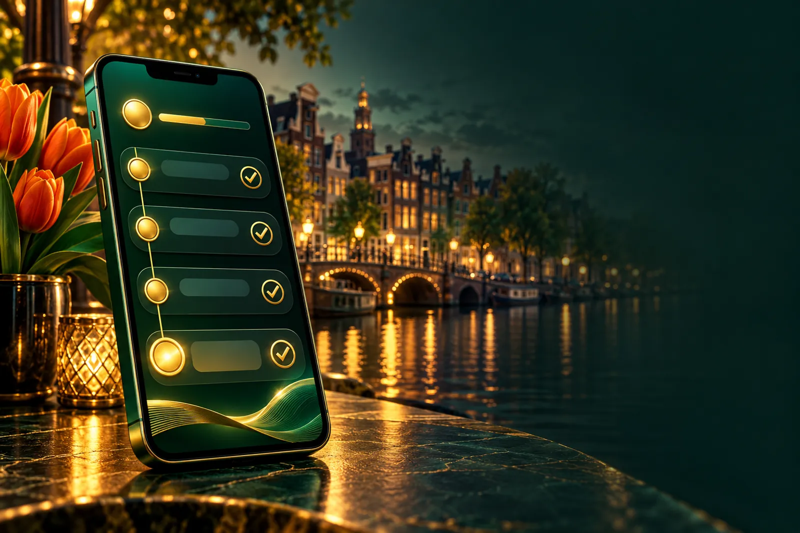 A smartphone displaying an abstract step-by-step checklist with golden checkmarks on a deep emerald green background, cinemat