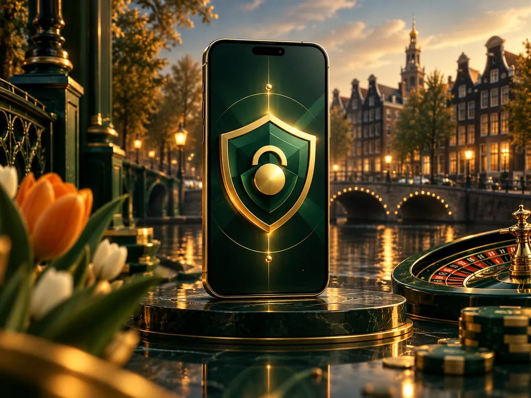 A premium illustration of a smartphone displaying a protective shield icon, rendered in deep emerald green and gold tones wit