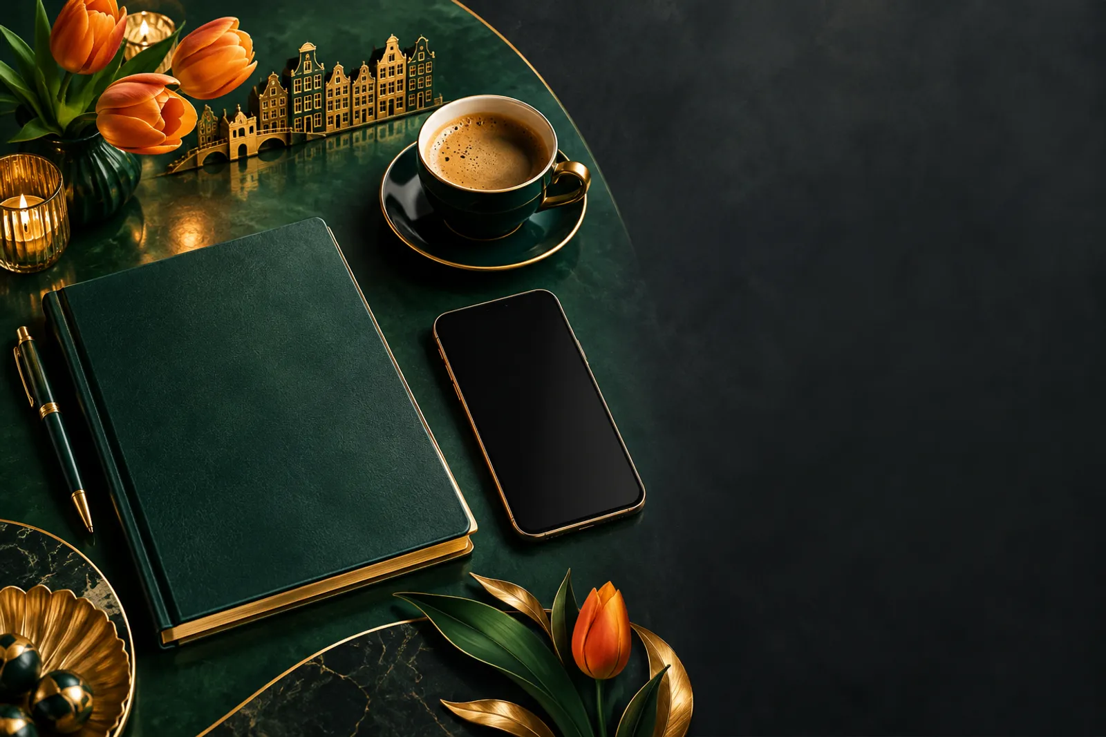Aerial flatlay of a premium dark green workspace with a notebook, smartphone, and coffee cup, gold accents, cinematic lightin