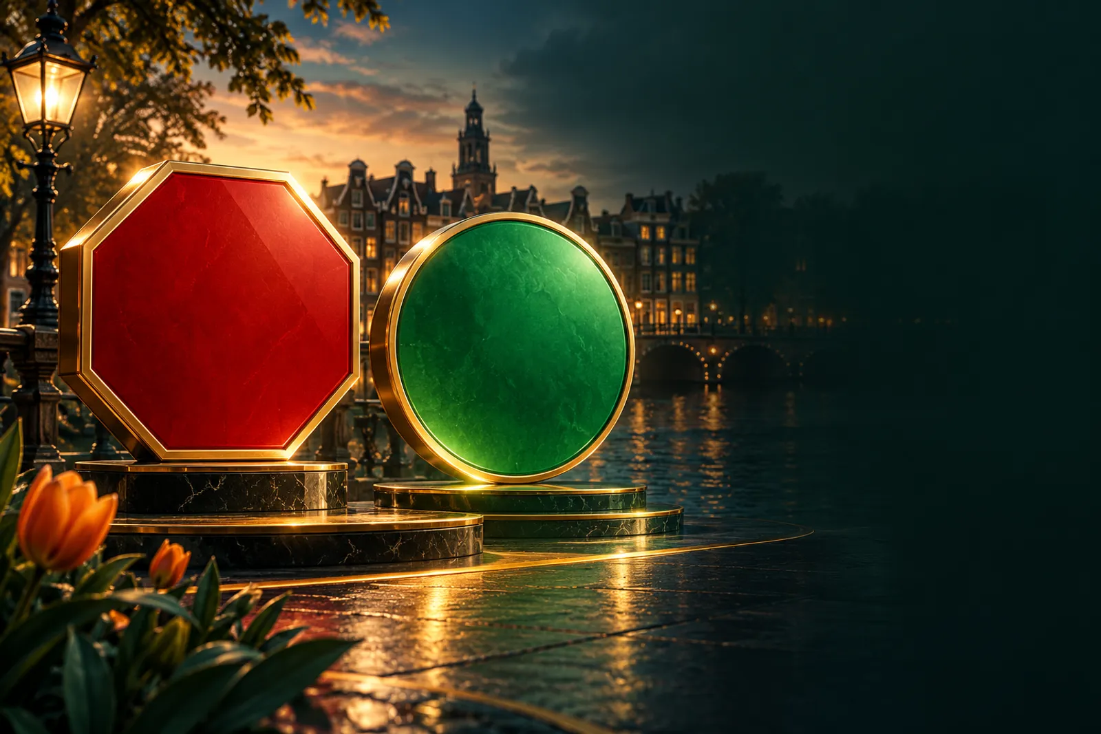 Red octagonal stop shape and green circular go shape on deep emerald background symbolising a binary choice decision