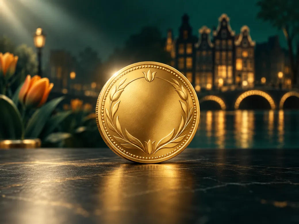 A single gleaming gold coin on a dark charcoal table with soft cinematic lighting and rich emerald green and gold tones.