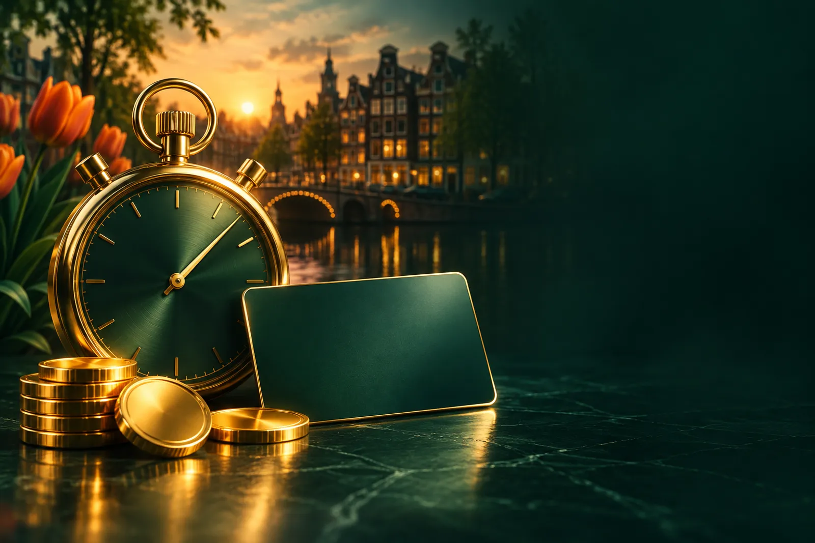 Premium stopwatch beside an e-wallet card and golden coins on deep emerald green background with gold highlights