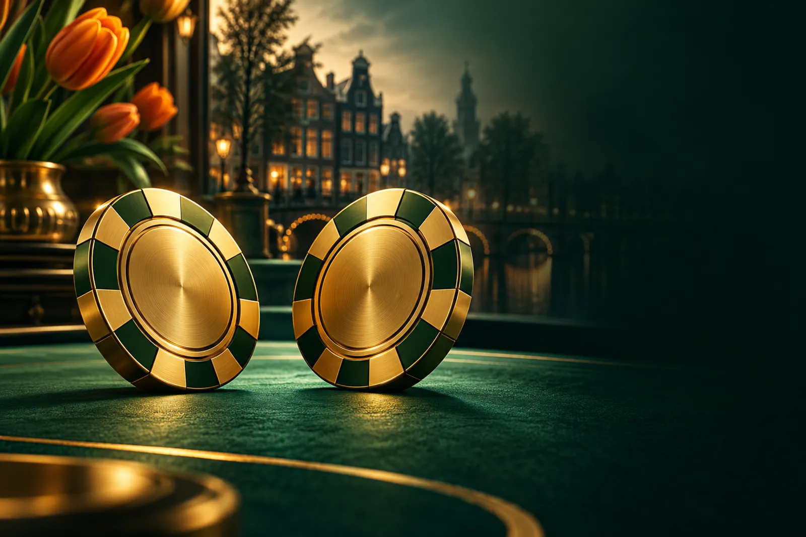 Two golden casino chips facing each other on a deep emerald green felt table, premium comparison concept with cinematic light
