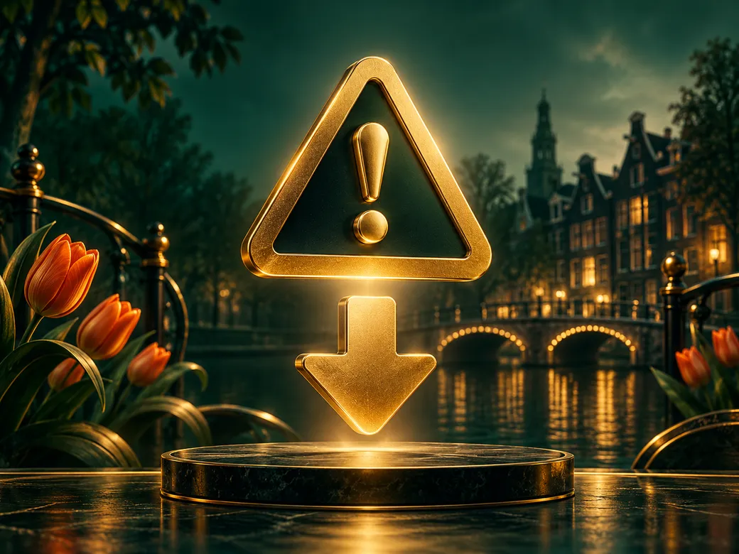 Minimalist gold warning triangle icon above a download arrow on deep emerald green background with Dutch editorial styling